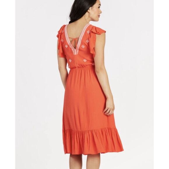 Moon River Anthropologie Orange Embroidered Boho Midi Dress size Medium - Picture 2 of 16